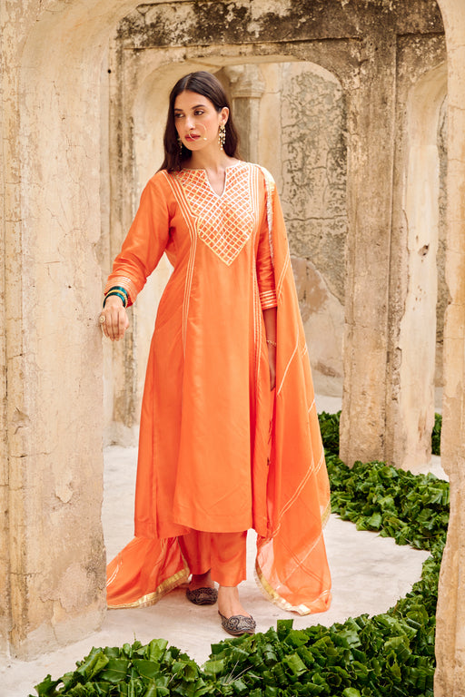 Orange Silk Gota Embellished Kurta Pant Set with Dupatta