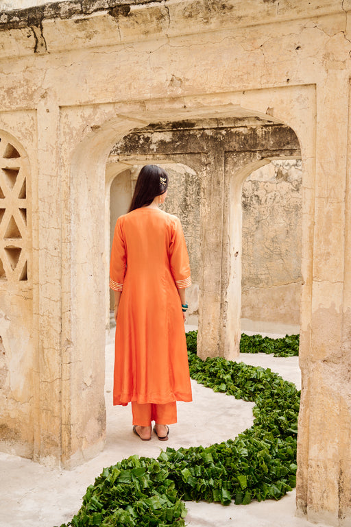 Orange Silk Gota Embellished Kurta Pant Set with Dupatta