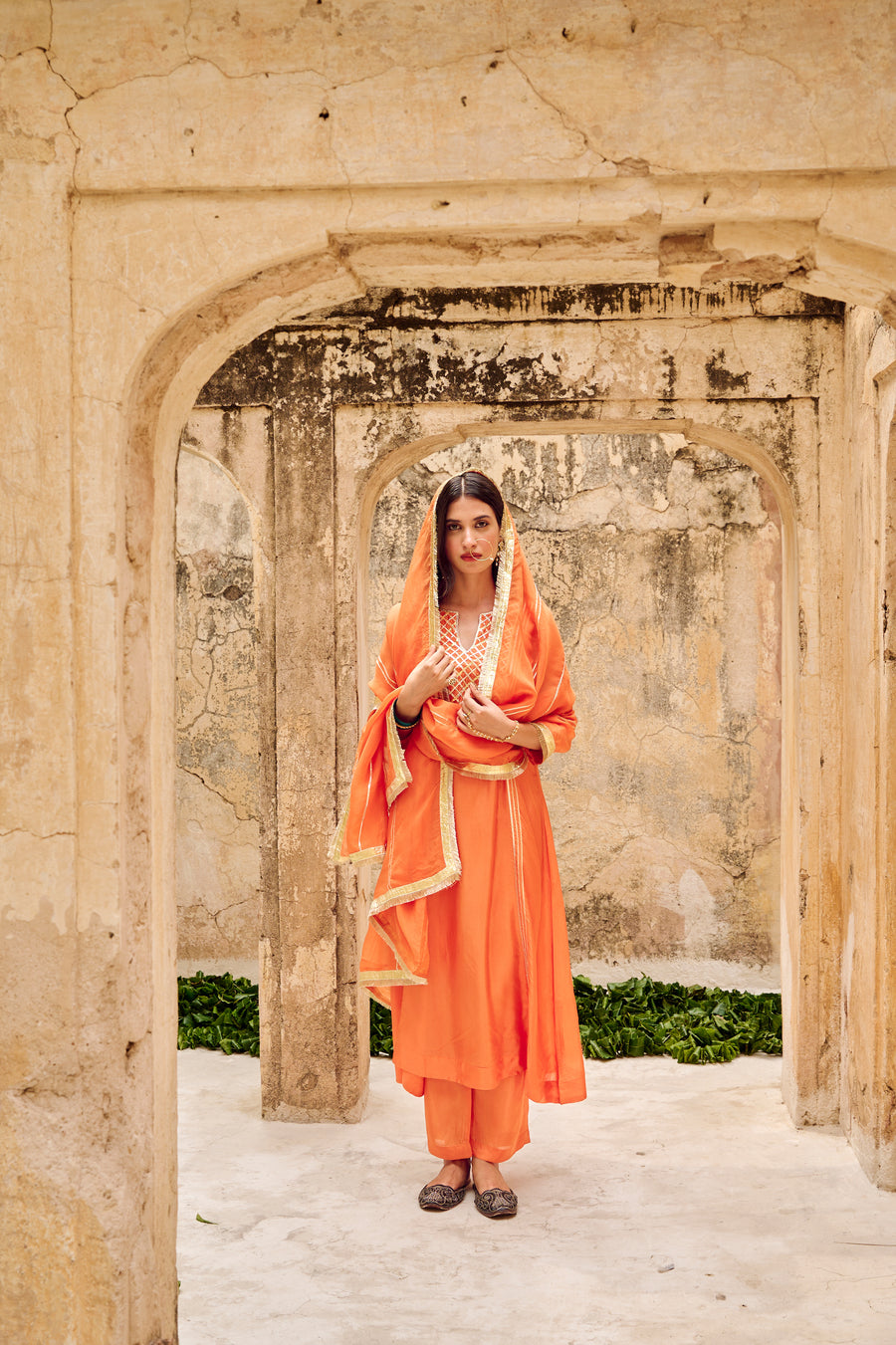 Orange Silk Gota Embellished Kurta Pant Set with Dupatta