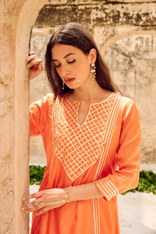 Orange Silk Gota Embellished Kurta Pant Set with Dupatta