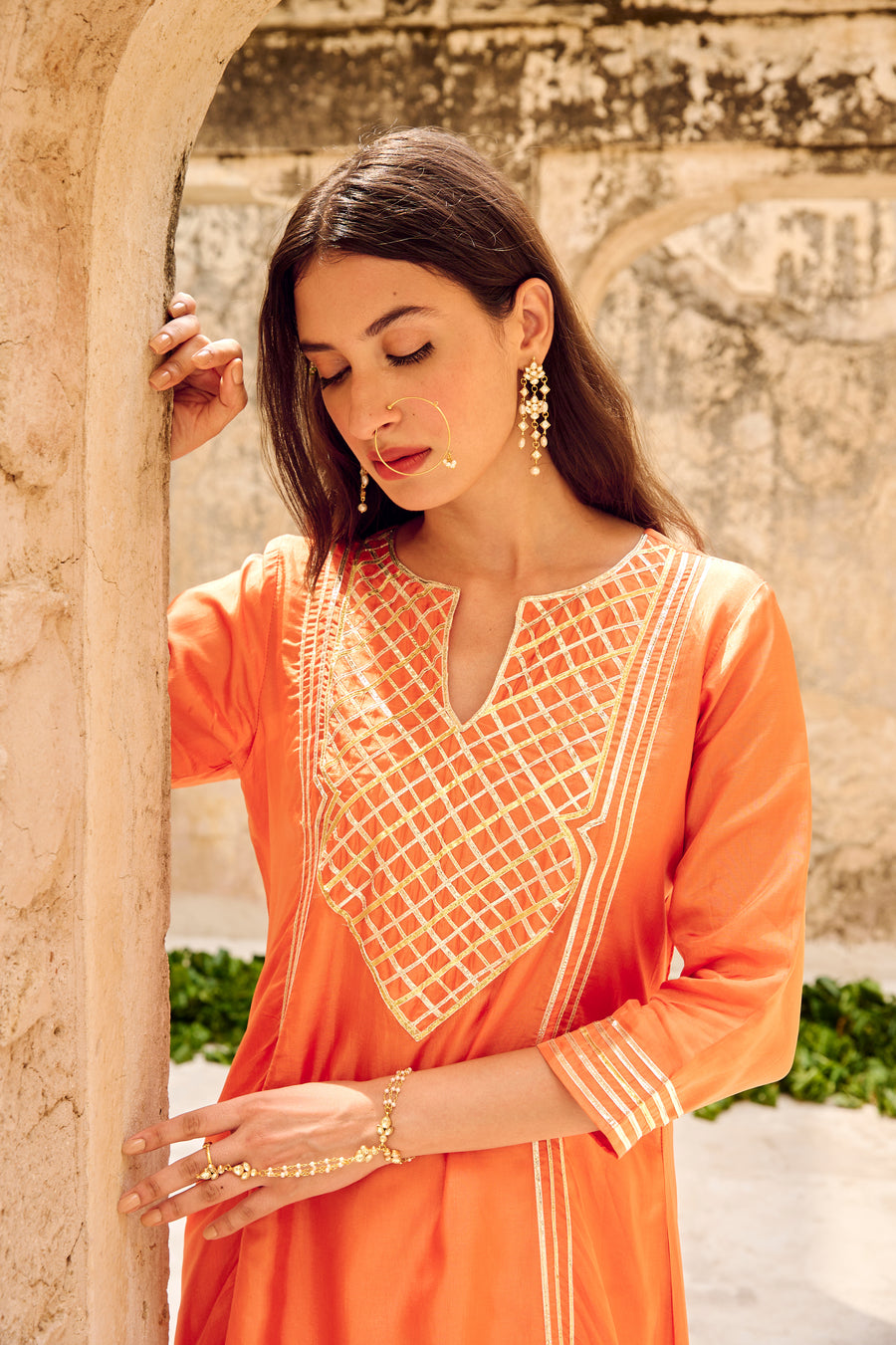 Orange Silk Gota Embellished Kurta Pant Set with Dupatta
