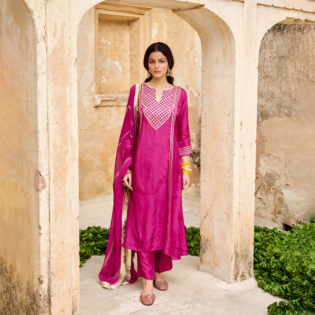 Wine Silk Gota Embellished Kurta Pant Set with Dupatta