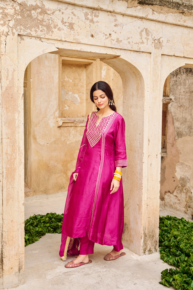 Wine Silk Gota Embellished Kurta Pant Set with Dupatta