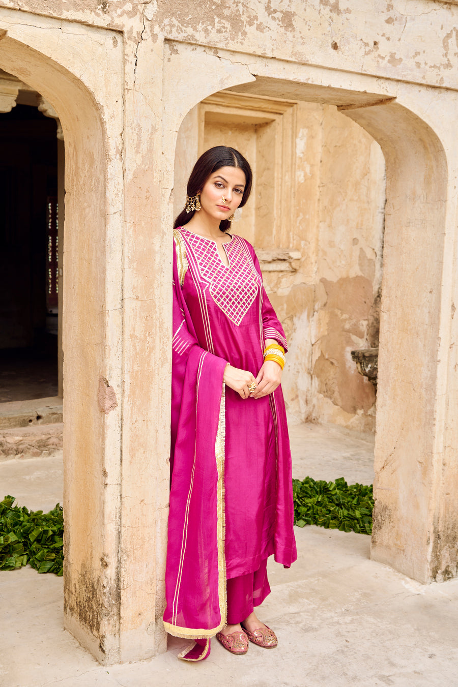 Wine Silk Gota Embellished Kurta Pant Set with Dupatta