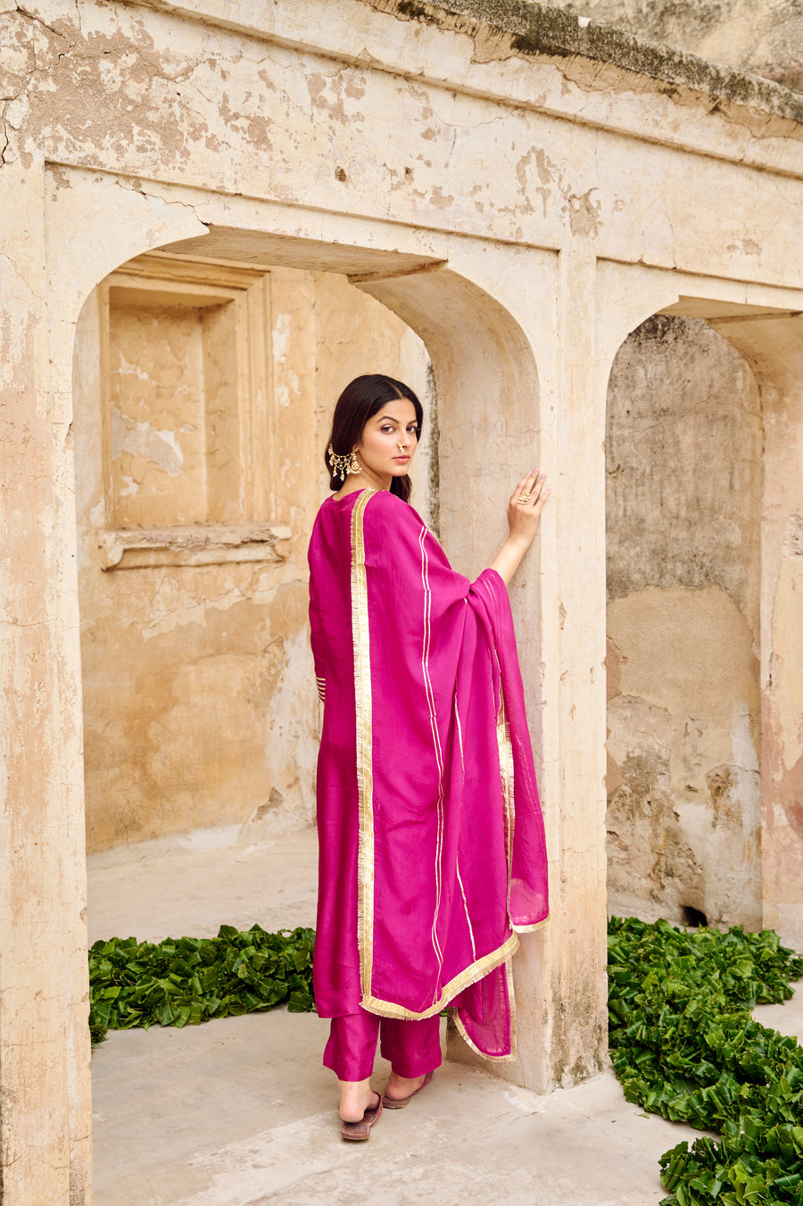 Wine Silk Gota Embellished Kurta Pant Set with Dupatta