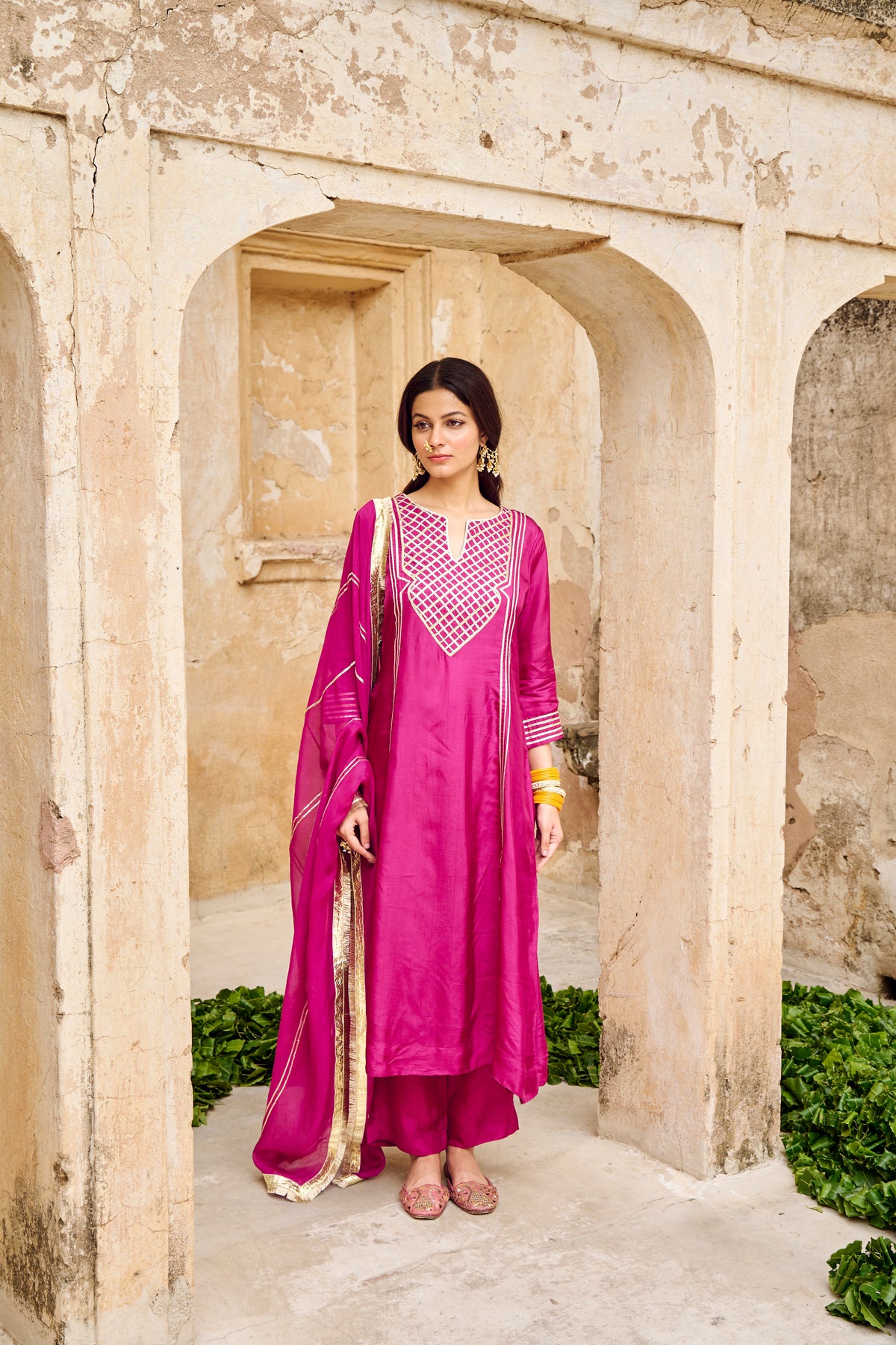 Wine Silk Gota Embellished Kurta Pant Set with Dupatta