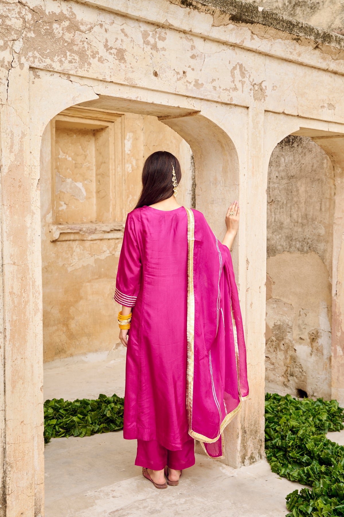 Wine Silk Gota Embellished Kurta Pant Set with Dupatta
