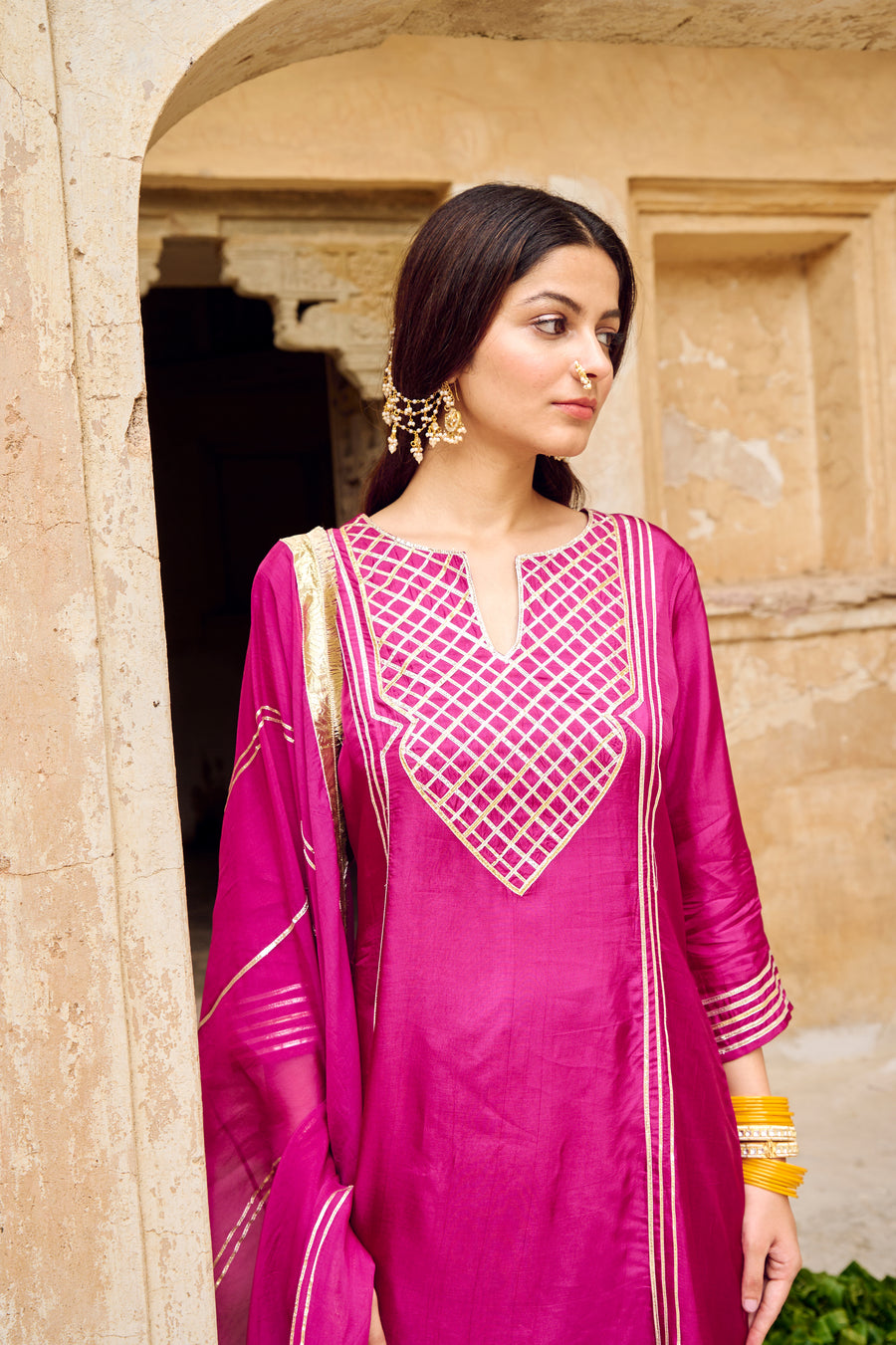 Wine Silk Gota Embellished Kurta Pant Set with Dupatta