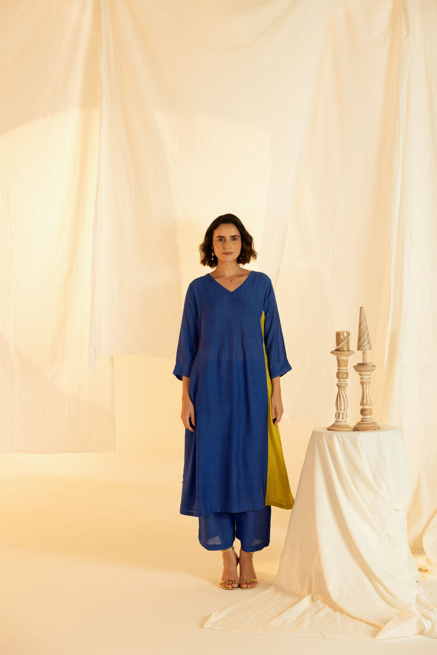 Blue Linen Colour Block Co-Ord Set with Pleated Yoke and Hand Work on Sleeves