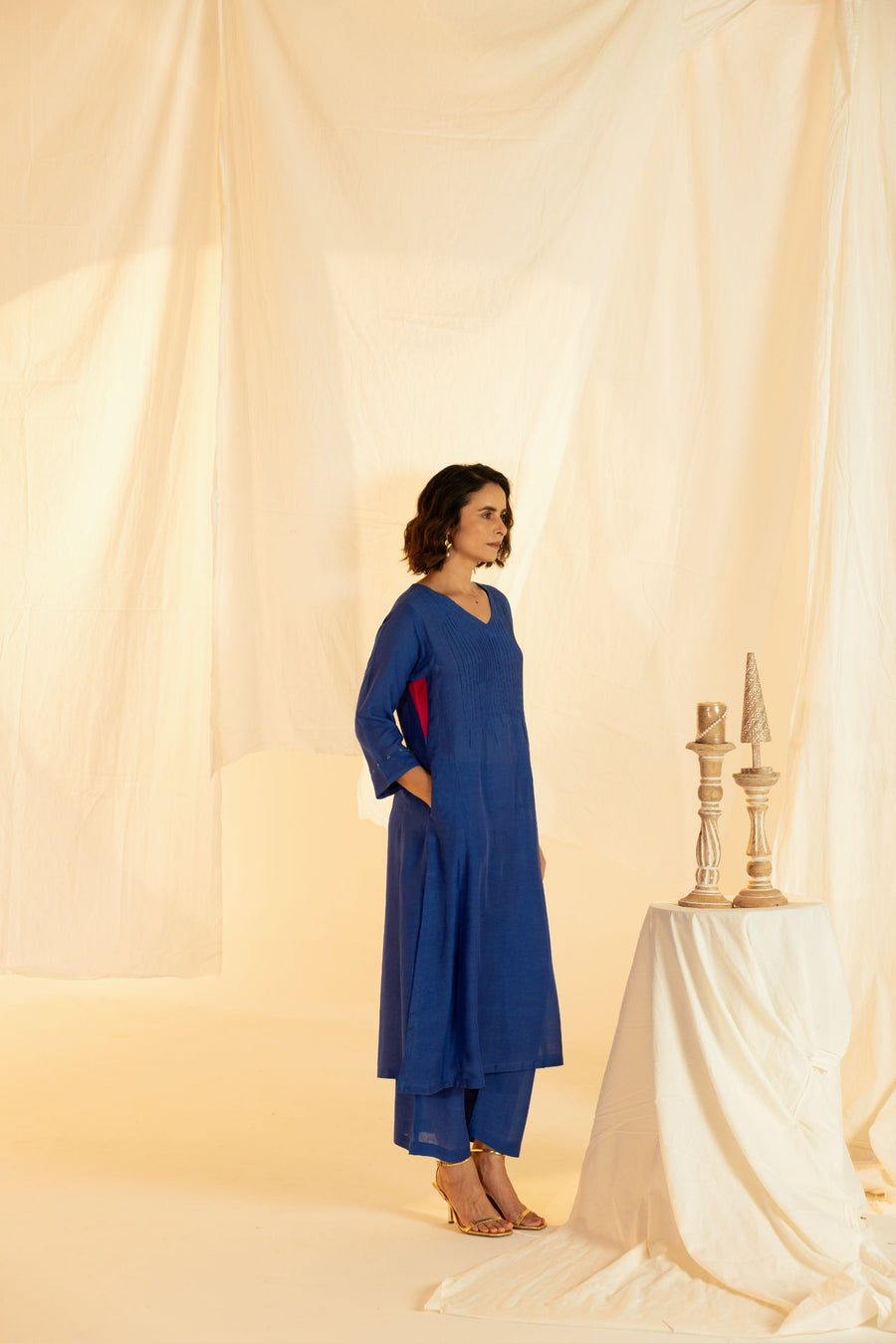 Blue Linen Colour Block Co-Ord Set with Pleated Yoke and Hand Work on Sleeves