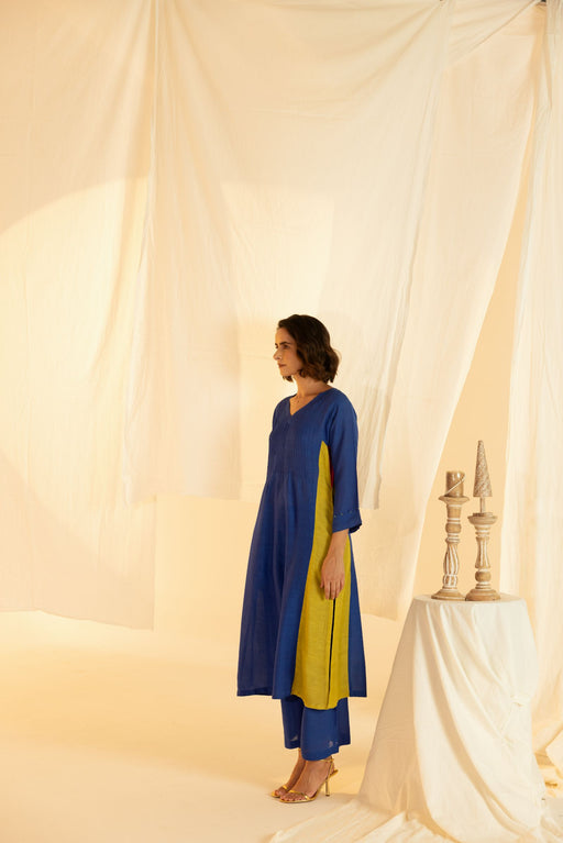 Blue Linen Colour Block Co-Ord Set with Pleated Yoke and Hand Work on Sleeves