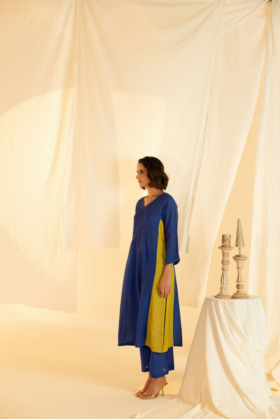 Blue Linen Colour Block Co-Ord Set with Pleated Yoke and Hand Work on Sleeves