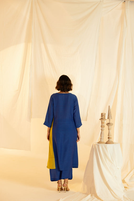 Blue Linen Colour Block Co-Ord Set with Pleated Yoke and Hand Work on Sleeves