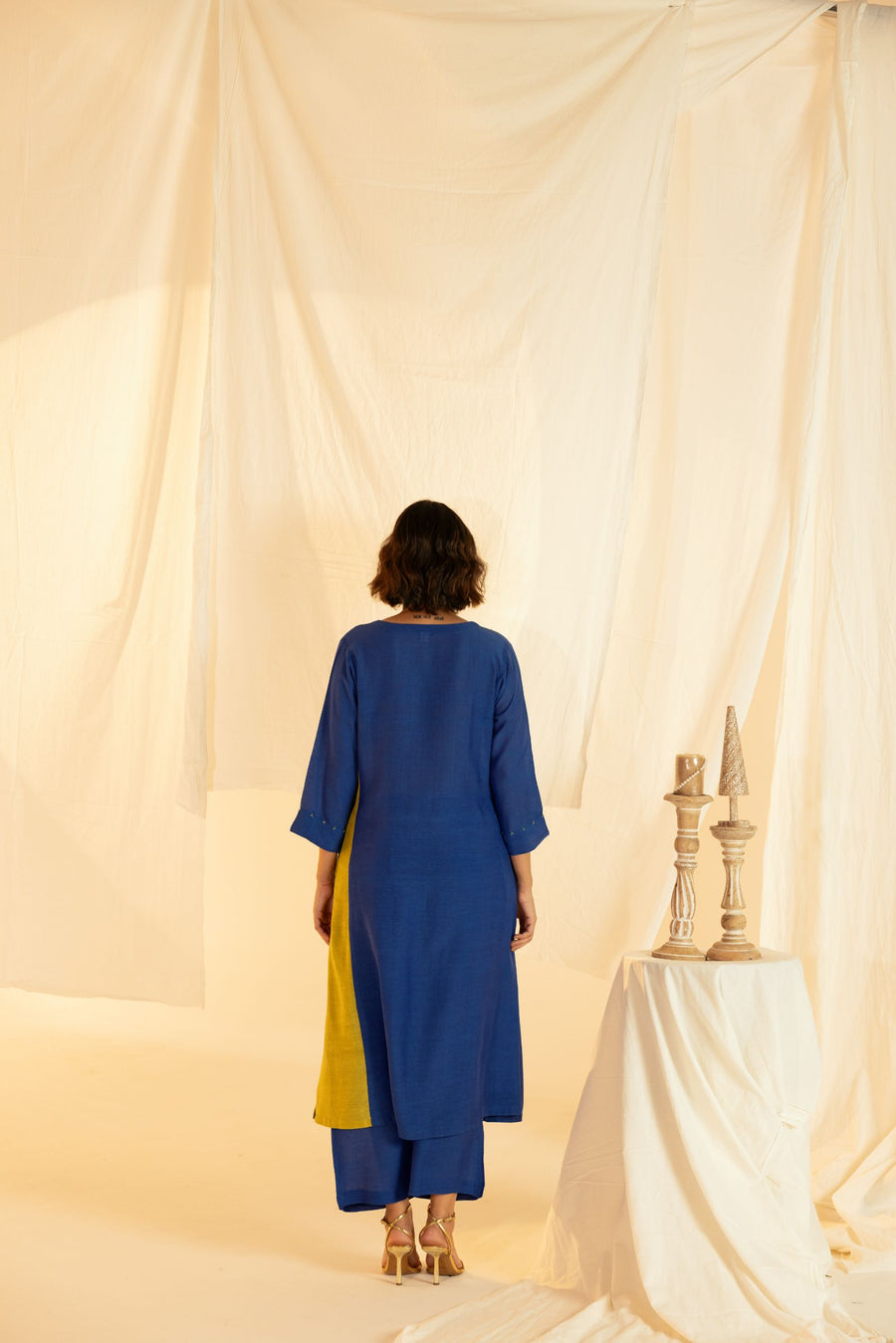 Blue Linen Colour Block Co-Ord Set with Pleated Yoke and Hand Work on Sleeves