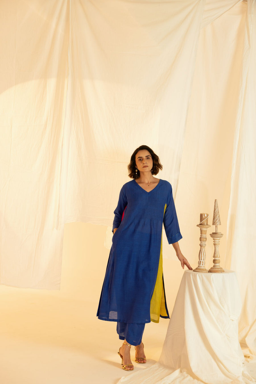 Blue Linen Colour Block Co-Ord Set with Pleated Yoke and Hand Work on Sleeves