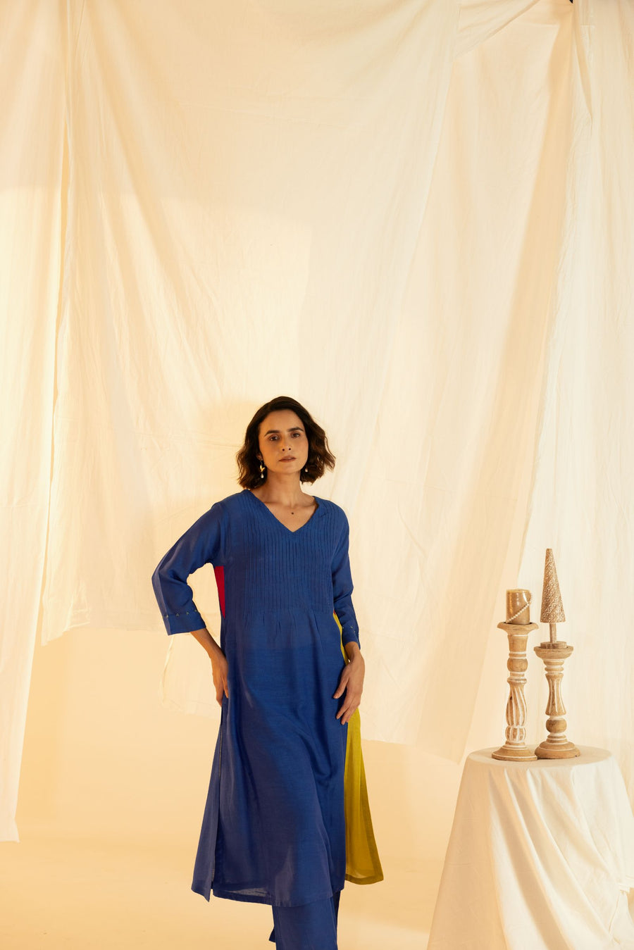 Blue Linen Colour Block Co-Ord Set with Pleated Yoke and Hand Work on Sleeves