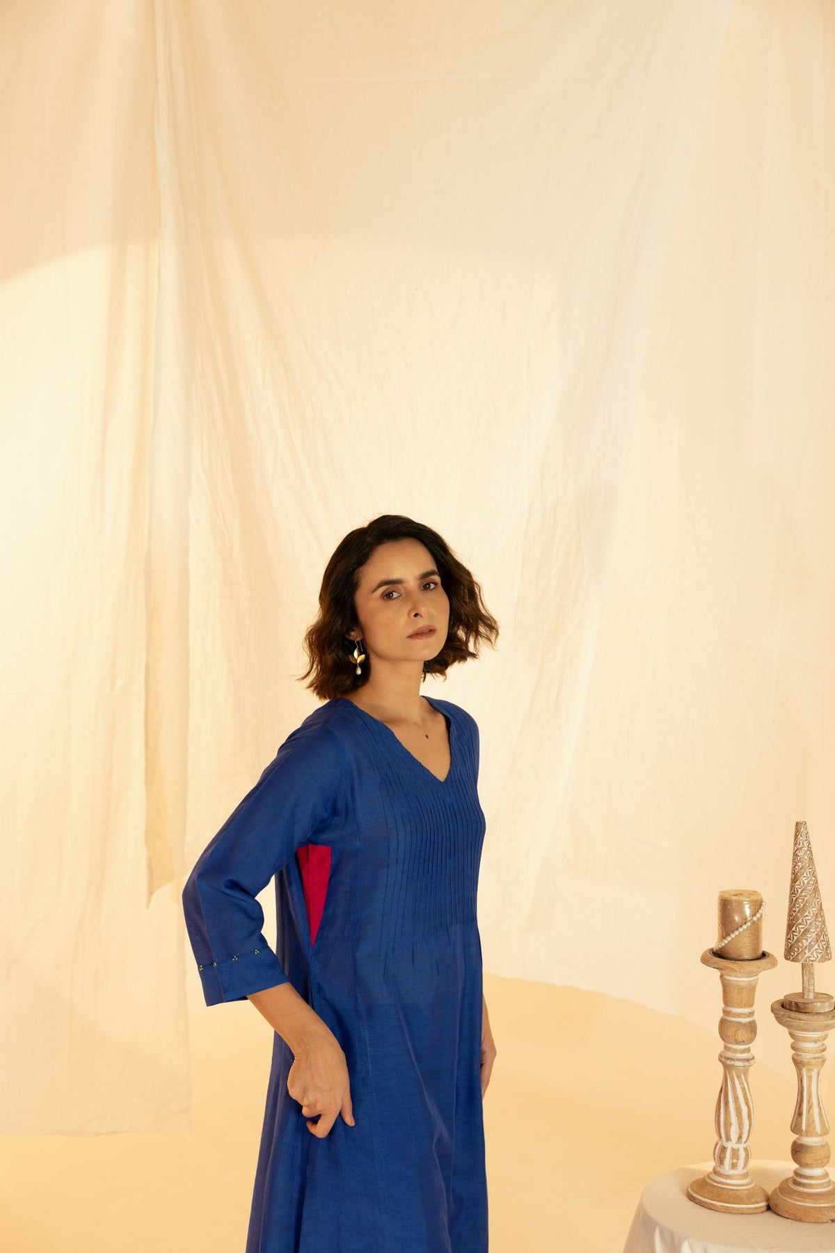 Blue Linen Colour Block Co-Ord Set with Pleated Yoke and Hand Work on Sleeves