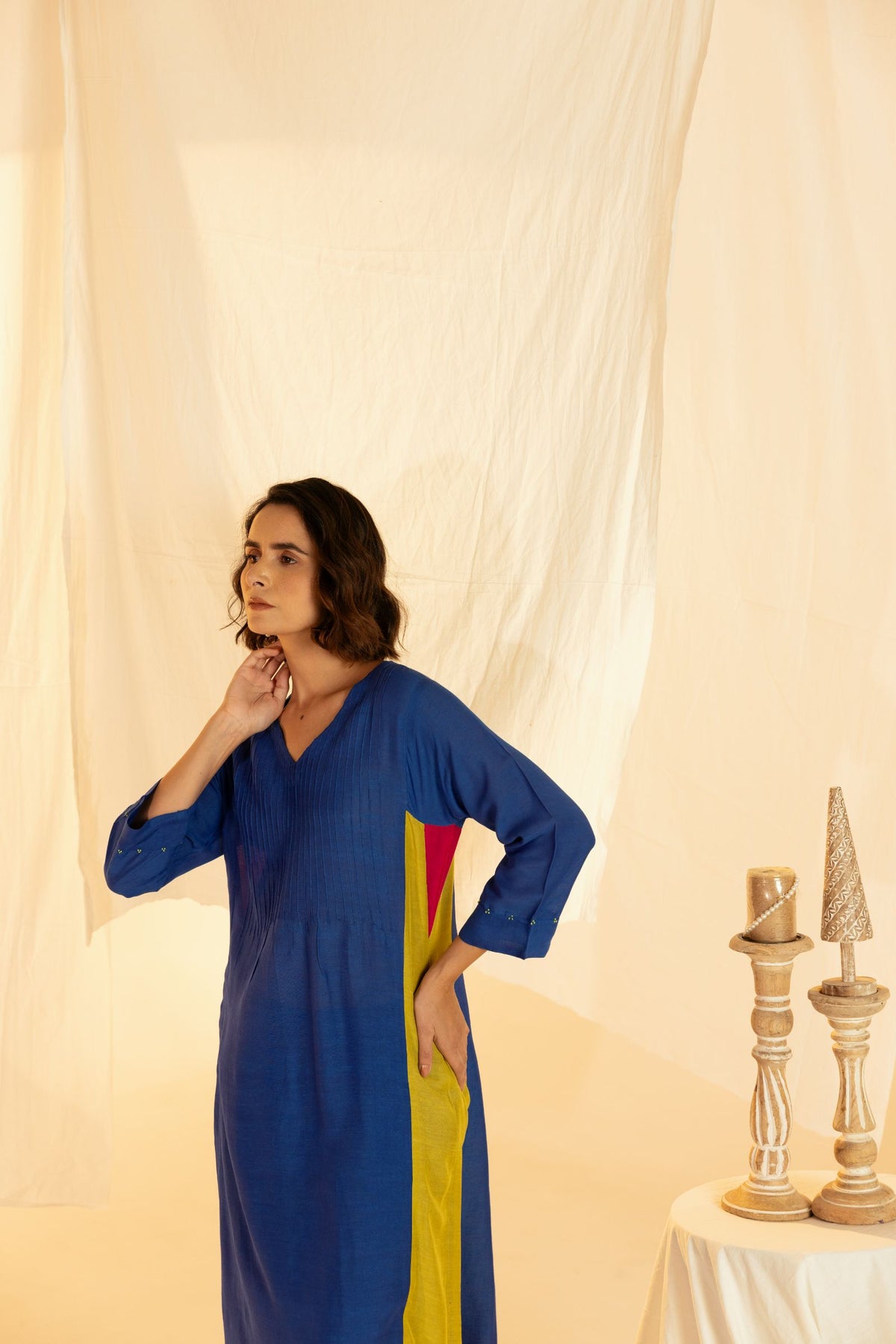 Blue Linen Colour Block Co-Ord Set with Pleated Yoke and Hand Work on Sleeves