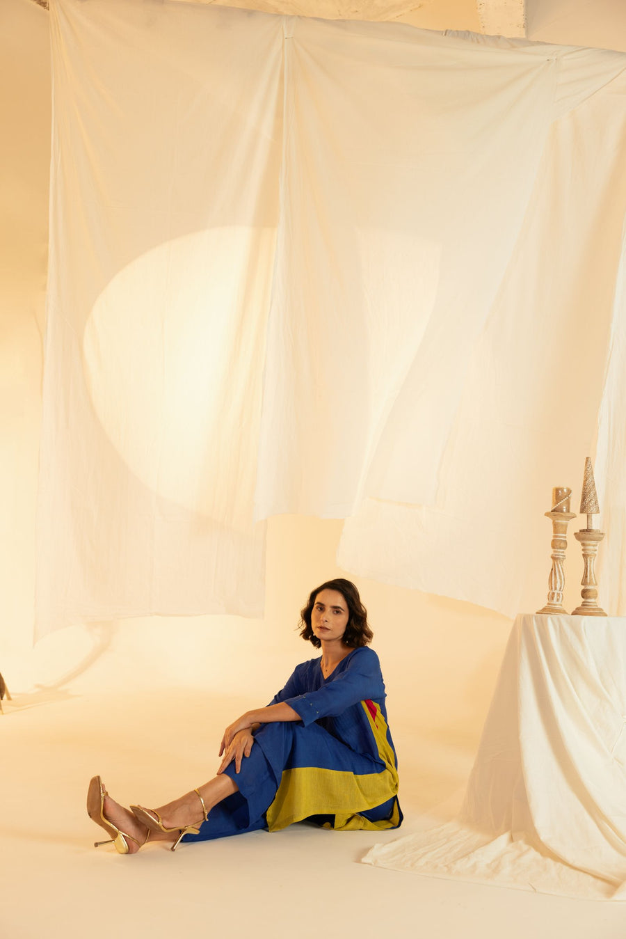 Blue Linen Colour Block Co-Ord Set with Pleated Yoke and Hand Work on Sleeves