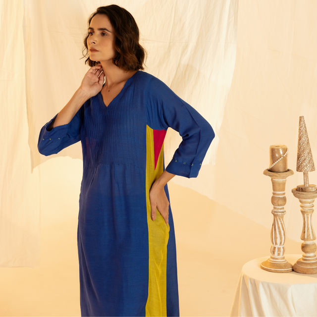 Blue Linen Colour Block Co-Ord Set with Pleated Yoke and Hand Work on Sleeves
