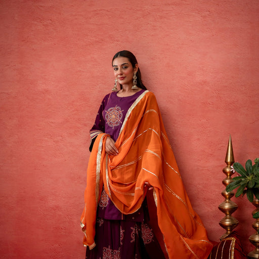 Wine Cotton Skirt Set with Bead Sequin Gota Work & Organza Dupatta