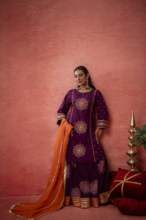 Wine Cotton Skirt Set with Bead Sequin Gota Work & Organza Dupatta
