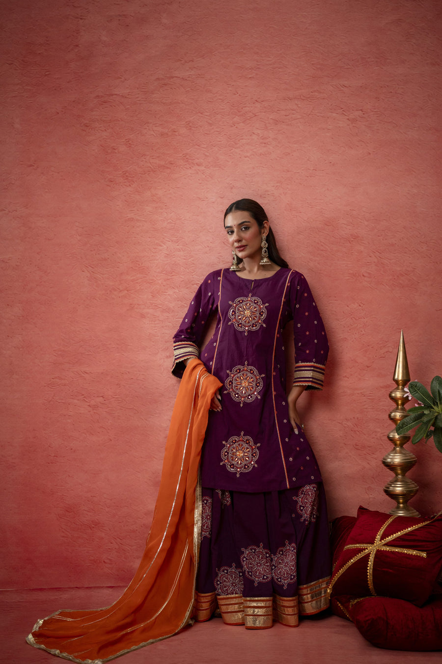 Wine Cotton Skirt Set with Bead Sequin Gota Work & Organza Dupatta