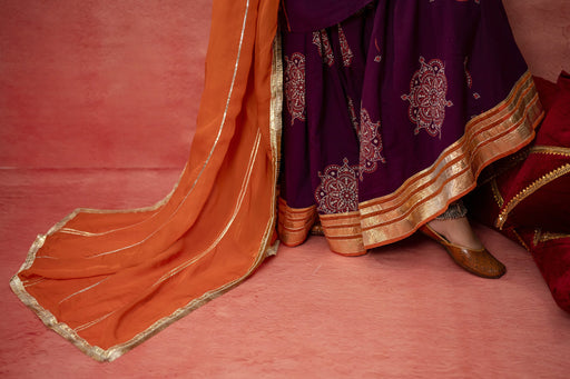 Wine Cotton Skirt Set with Bead Sequin Gota Work & Organza Dupatta