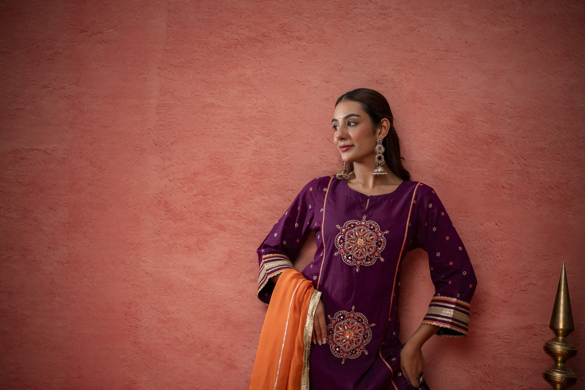 Wine Cotton Skirt Set with Bead Sequin Gota Work & Organza Dupatta