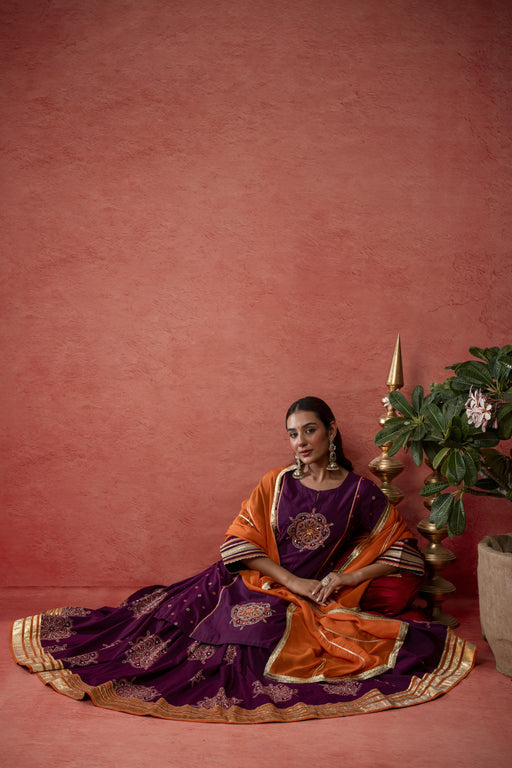 Wine Cotton Skirt Set with Bead Sequin Gota Work & Organza Dupatta