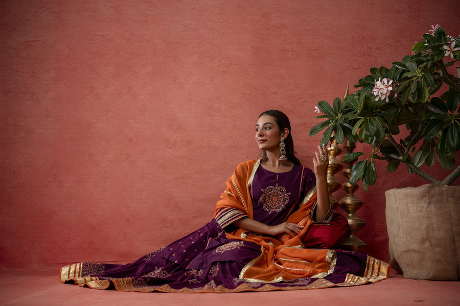 Wine Cotton Skirt Set with Bead Sequin Gota Work & Organza Dupatta