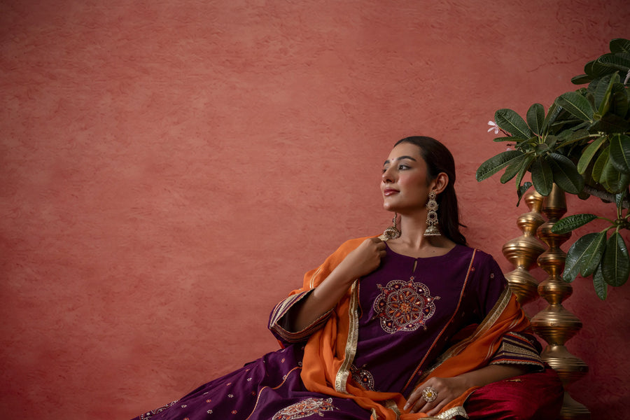 Wine Cotton Skirt Set with Bead Sequin Gota Work & Organza Dupatta