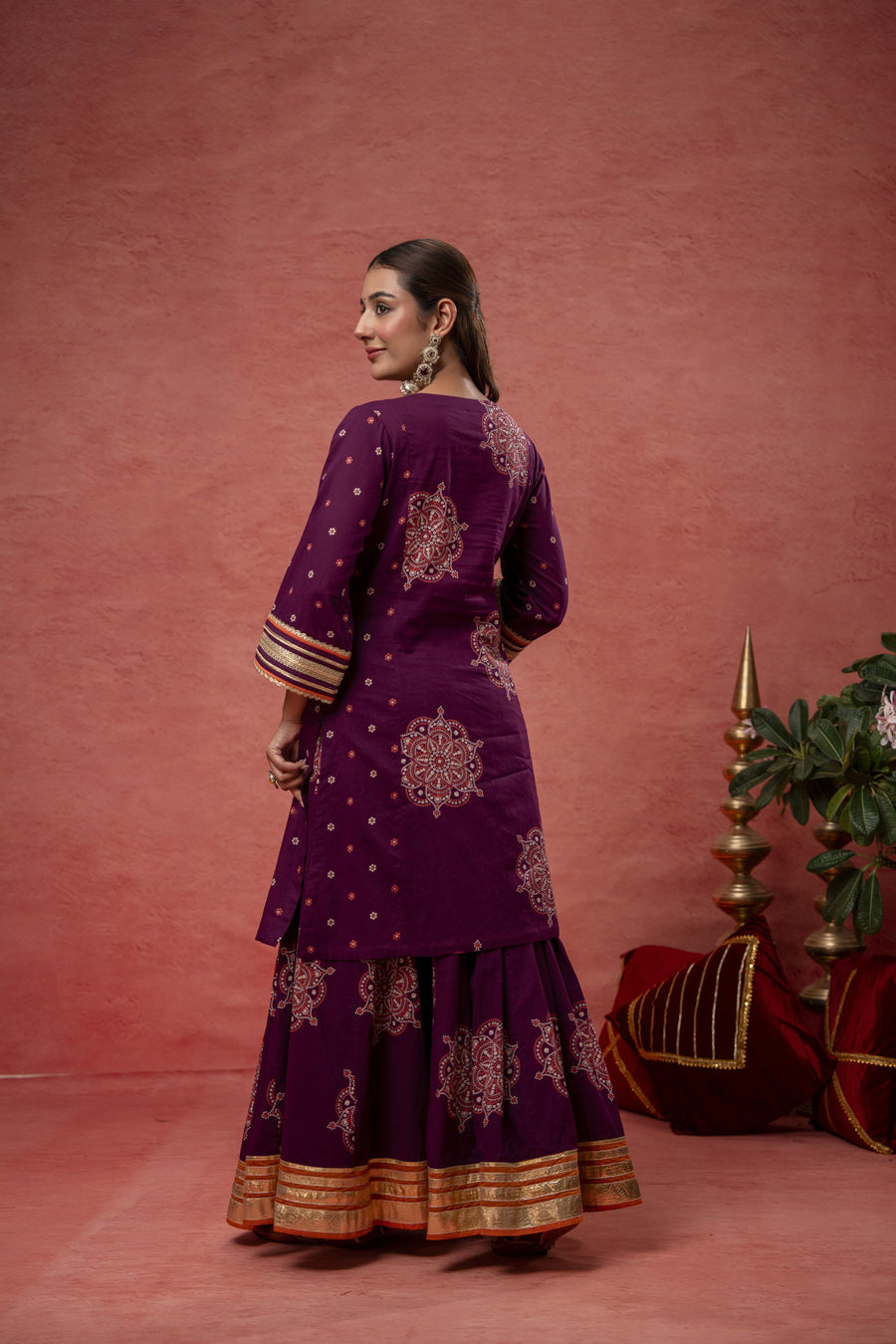 Wine Cotton Skirt Set with Bead Sequin Gota Work & Organza Dupatta