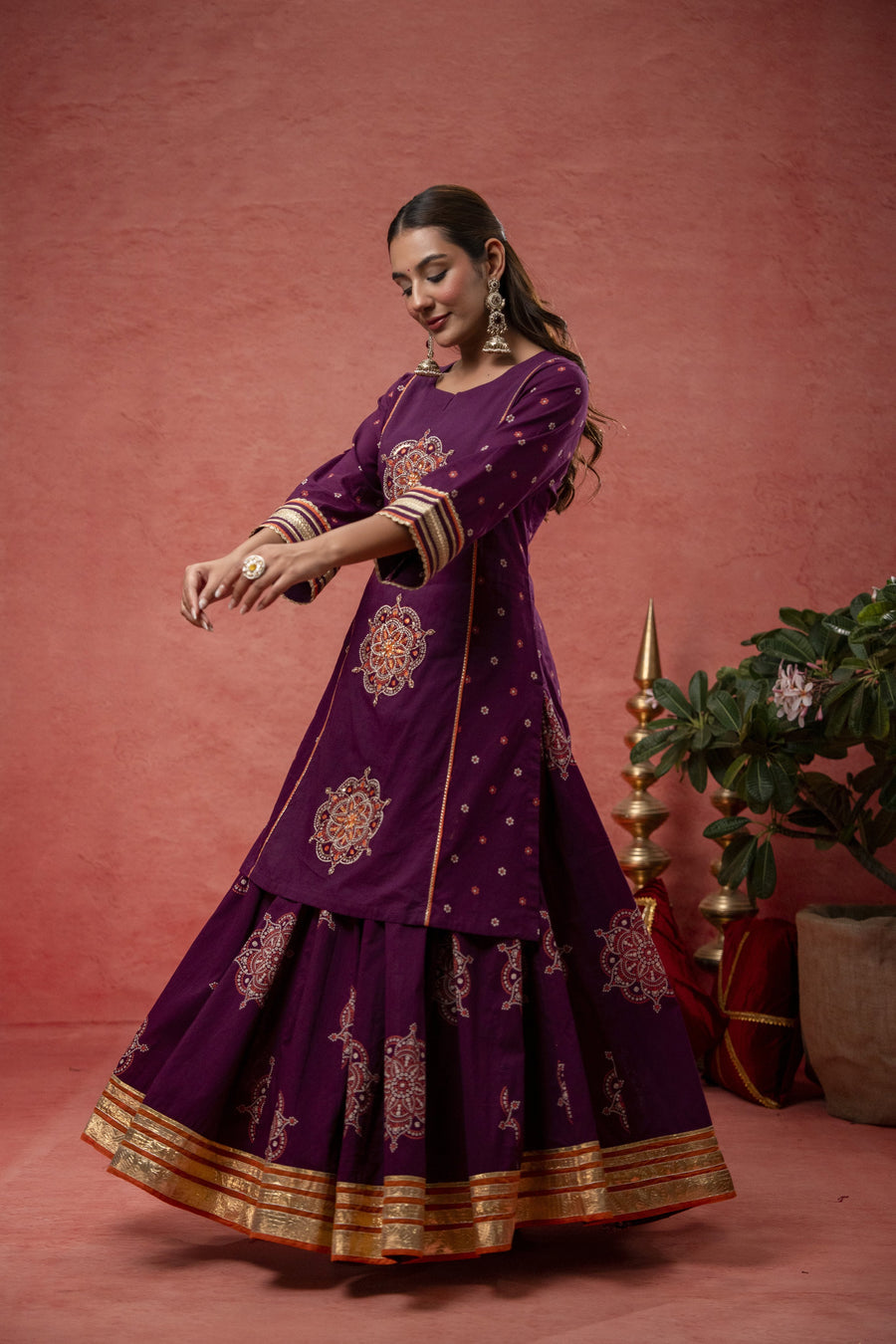 Wine Cotton Skirt Set with Bead Sequin Gota Work & Organza Dupatta
