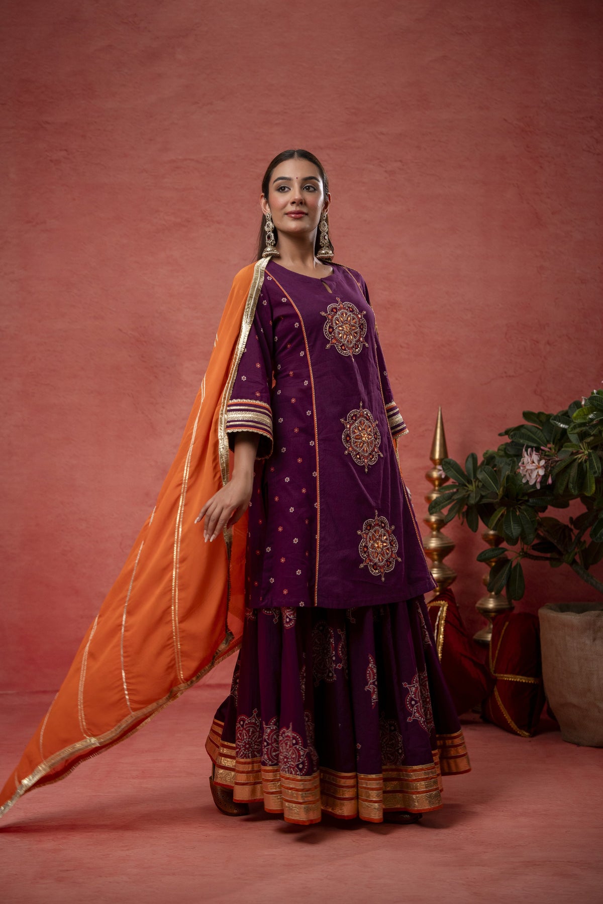 Wine Cotton Skirt Set with Bead Sequin Gota Work & Organza Dupatta