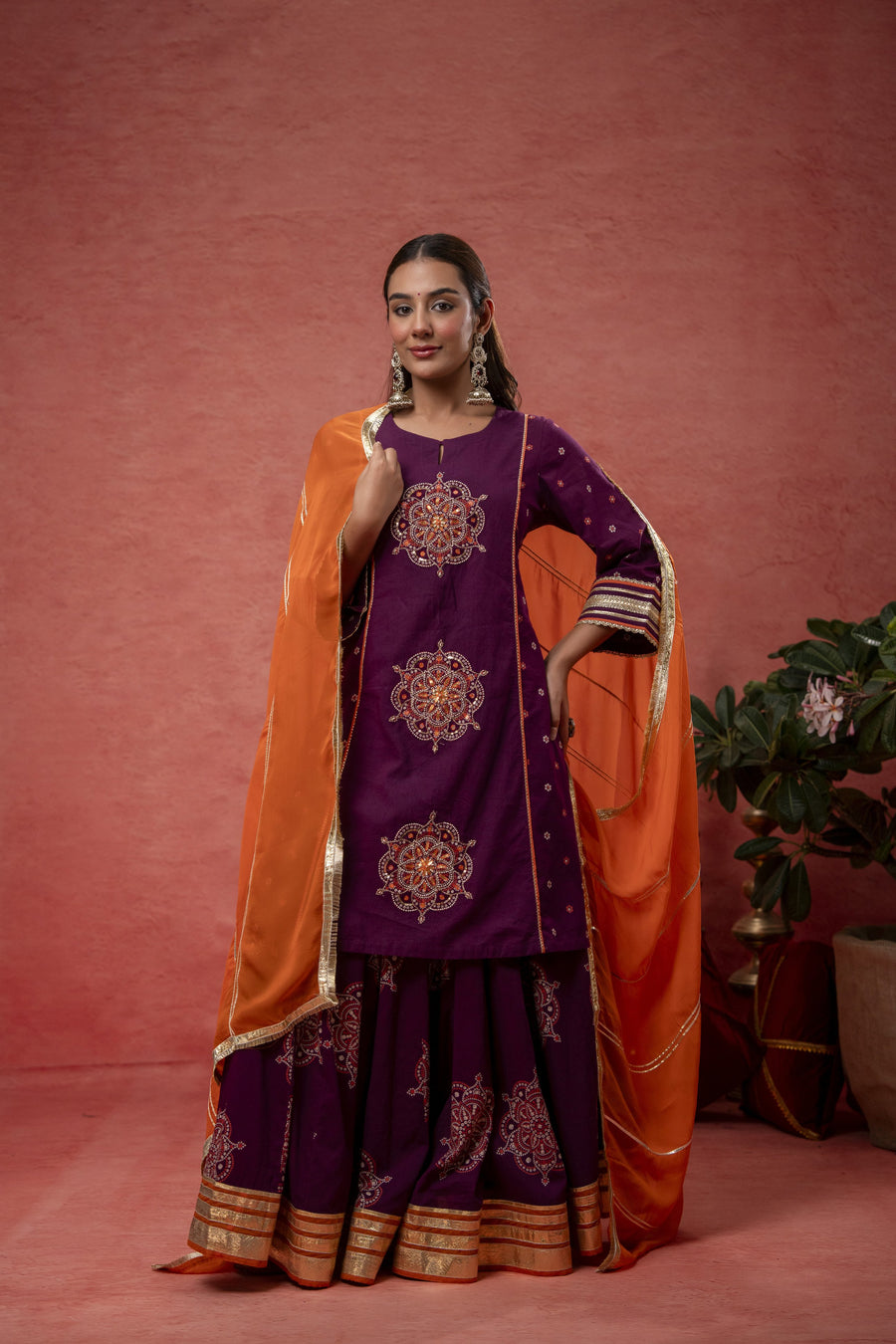Wine Cotton Skirt Set with Bead Sequin Gota Work & Organza Dupatta