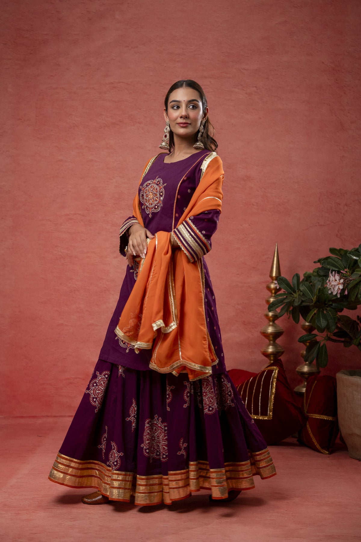 Wine Cotton Skirt Set with Bead Sequin Gota Work & Organza Dupatta