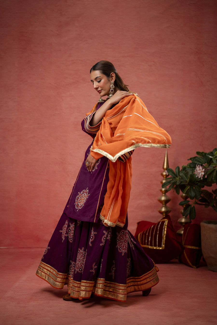 Wine Cotton Skirt Set with Bead Sequin Gota Work & Organza Dupatta