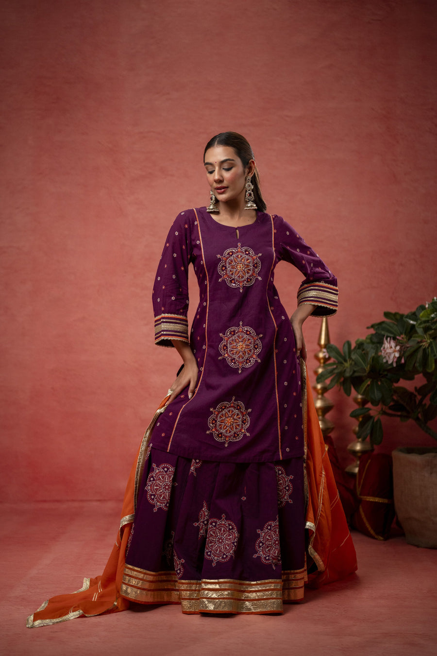 Wine Cotton Skirt Set with Bead Sequin Gota Work & Organza Dupatta