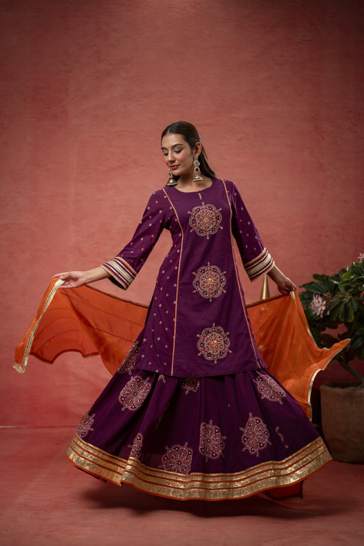 Wine Cotton Skirt Set with Bead Sequin Gota Work & Organza Dupatta