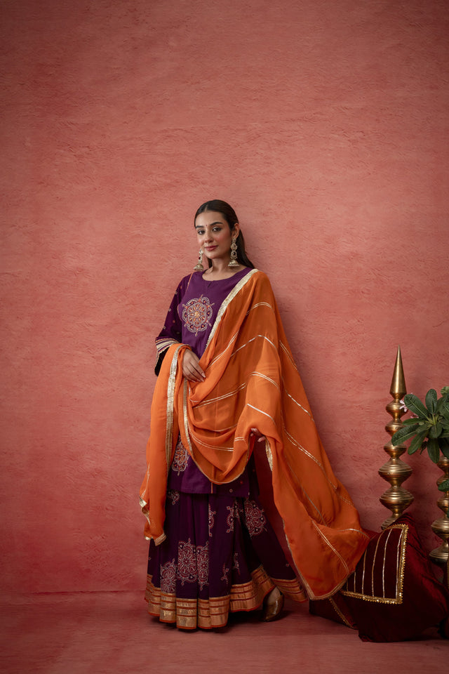 Wine Cotton Skirt Set with Bead Sequin Gota Work & Organza Dupatta