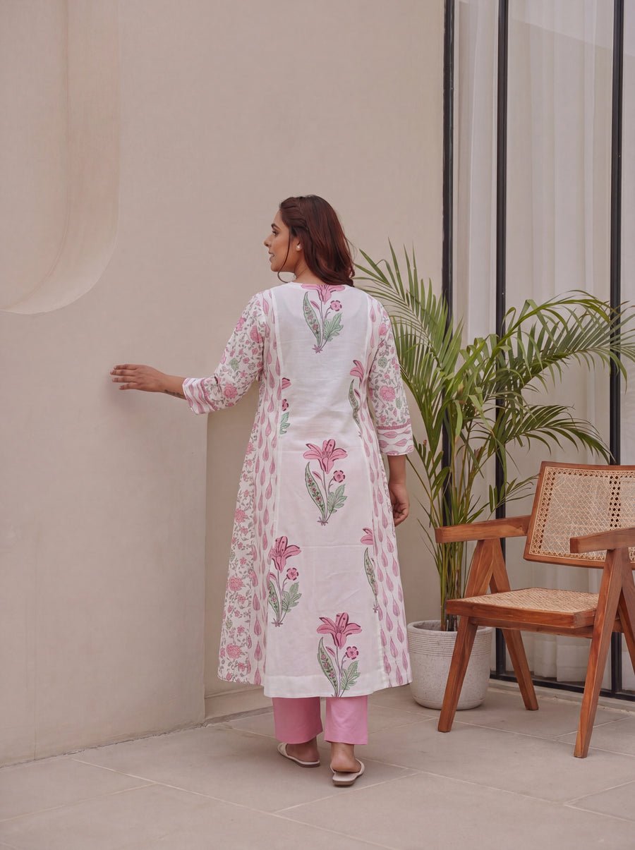 Pink & Green Block Printed Cotton Kurta Pant with Kota Doria Dupatta
