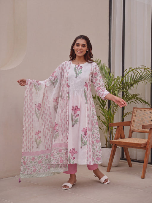 Pink & Green Block Printed Cotton Kurta Pant with Kota Doria Dupatta