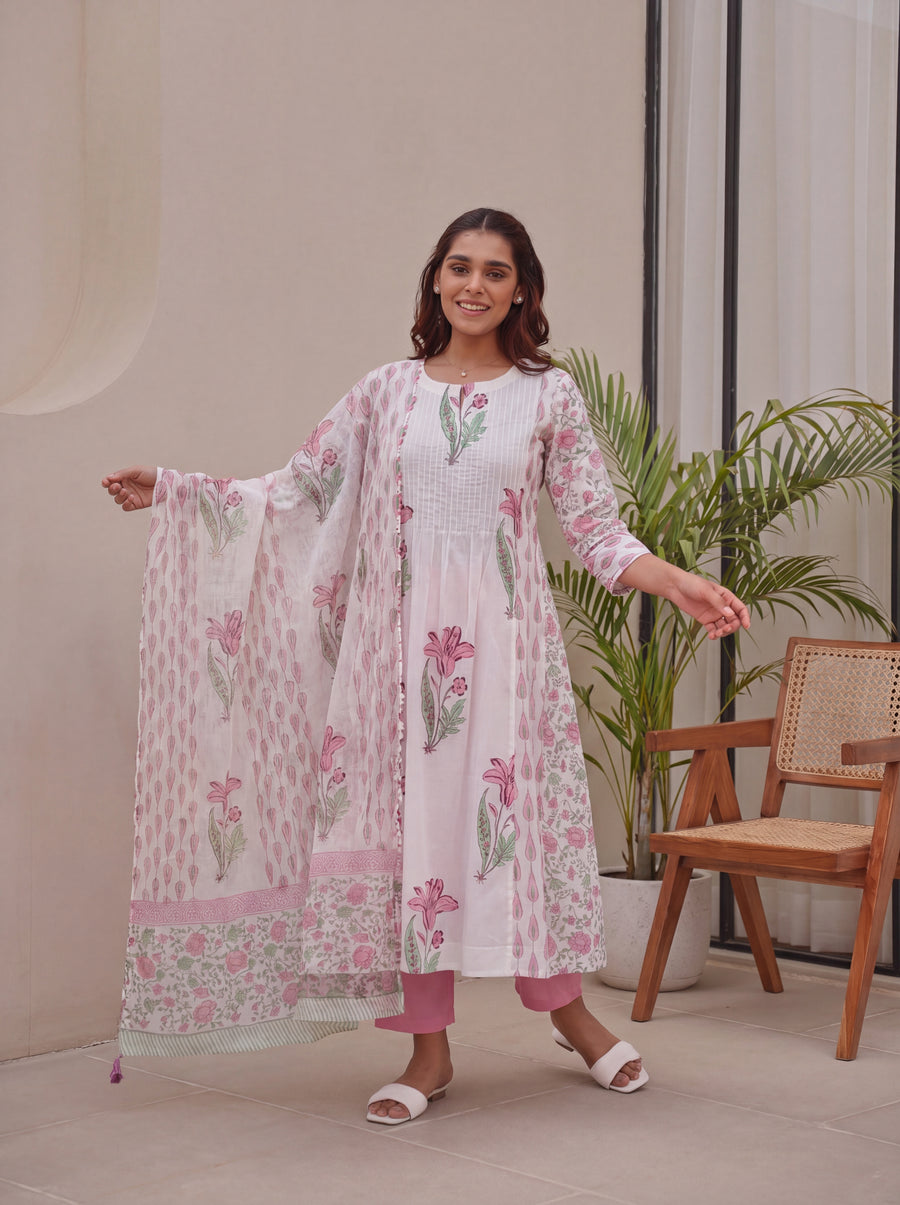 Pink & Green Block Printed Cotton Kurta Pant with Kota Doria Dupatta
