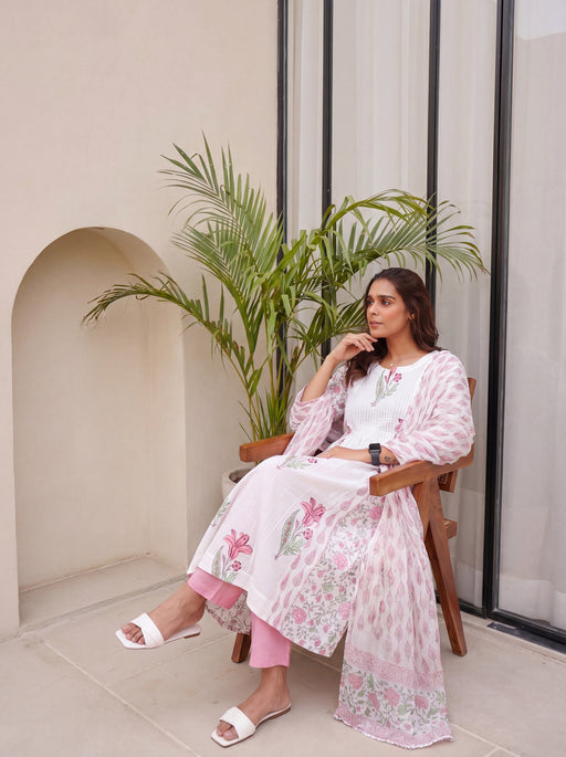 Pink & Green Block Printed Cotton Kurta Pant with Kota Doria Dupatta