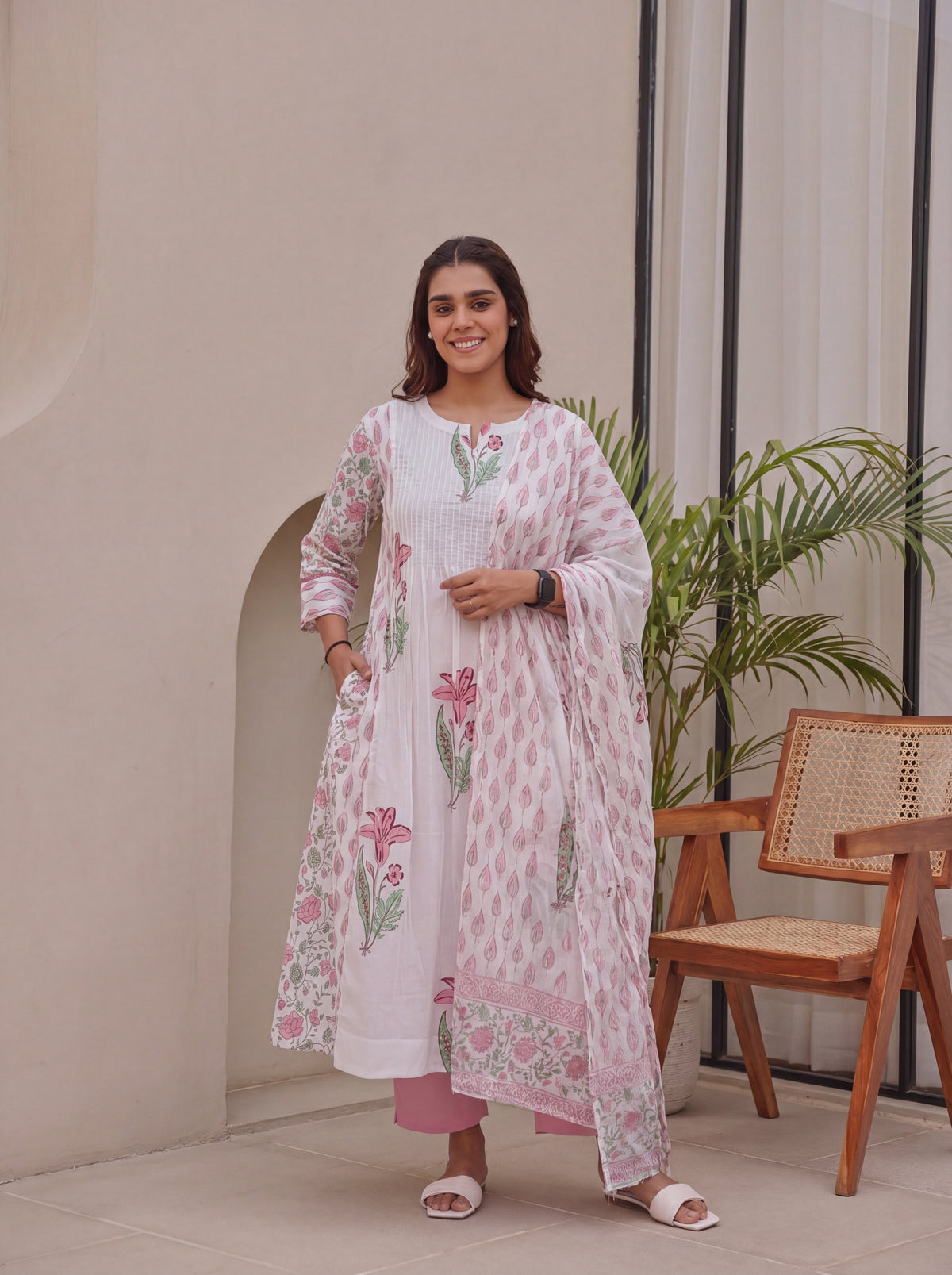 Pink & Green Block Printed Cotton Kurta Pant with Kota Doria Dupatta