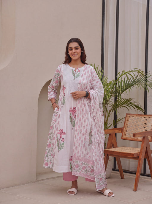 Pink & Green Block Printed Cotton Kurta Pant with Kota Doria Dupatta