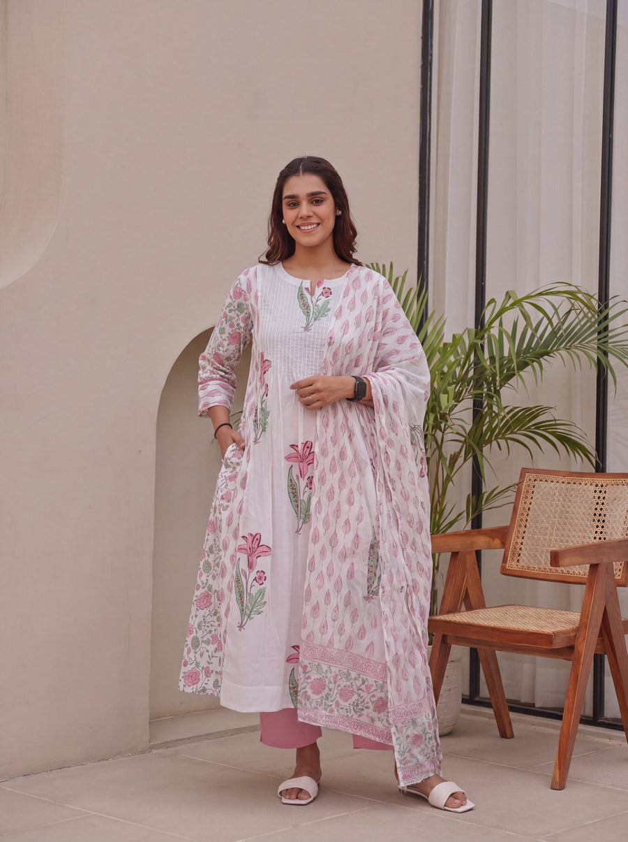 Pink & Green Block Printed Cotton Kurta Pant with Kota Doria Dupatta