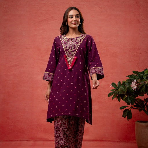 Aari Embroidered Wine Cotton Co-Ord Set
