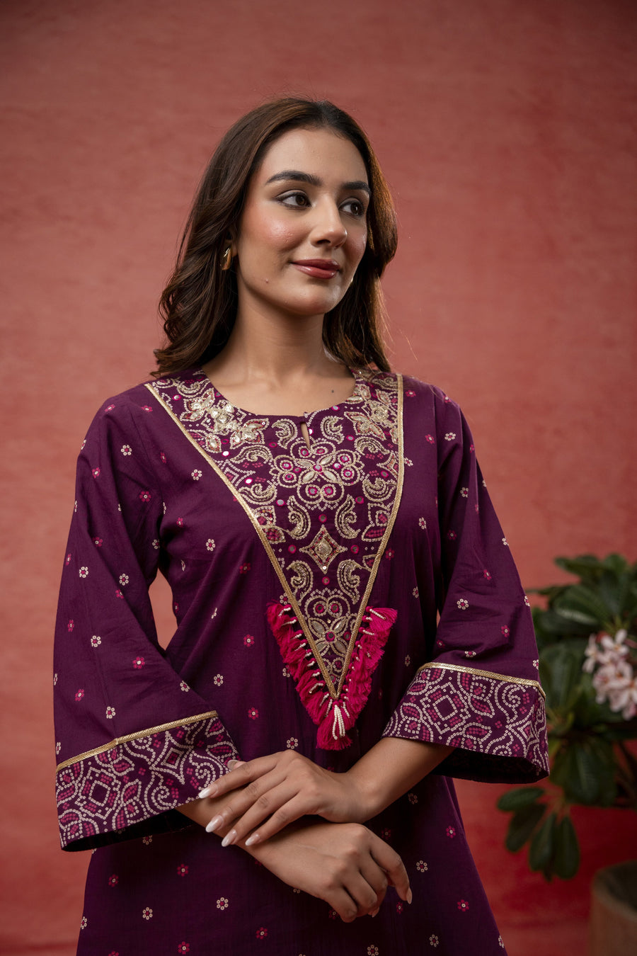 Aari Embroidered Wine Cotton Co-Ord Set
